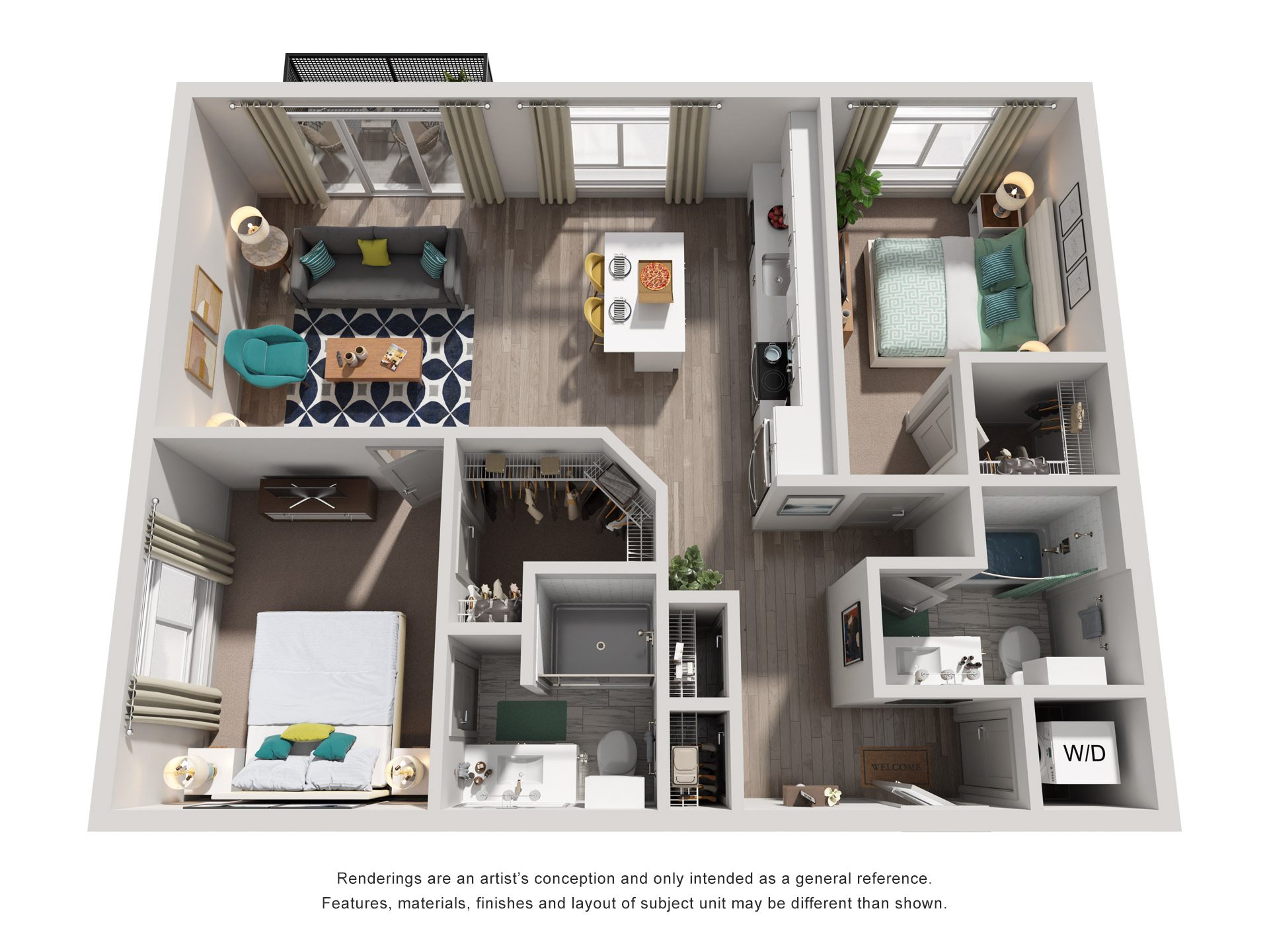 Floor plan for 2 beds, 2 baths, 1254 sqft